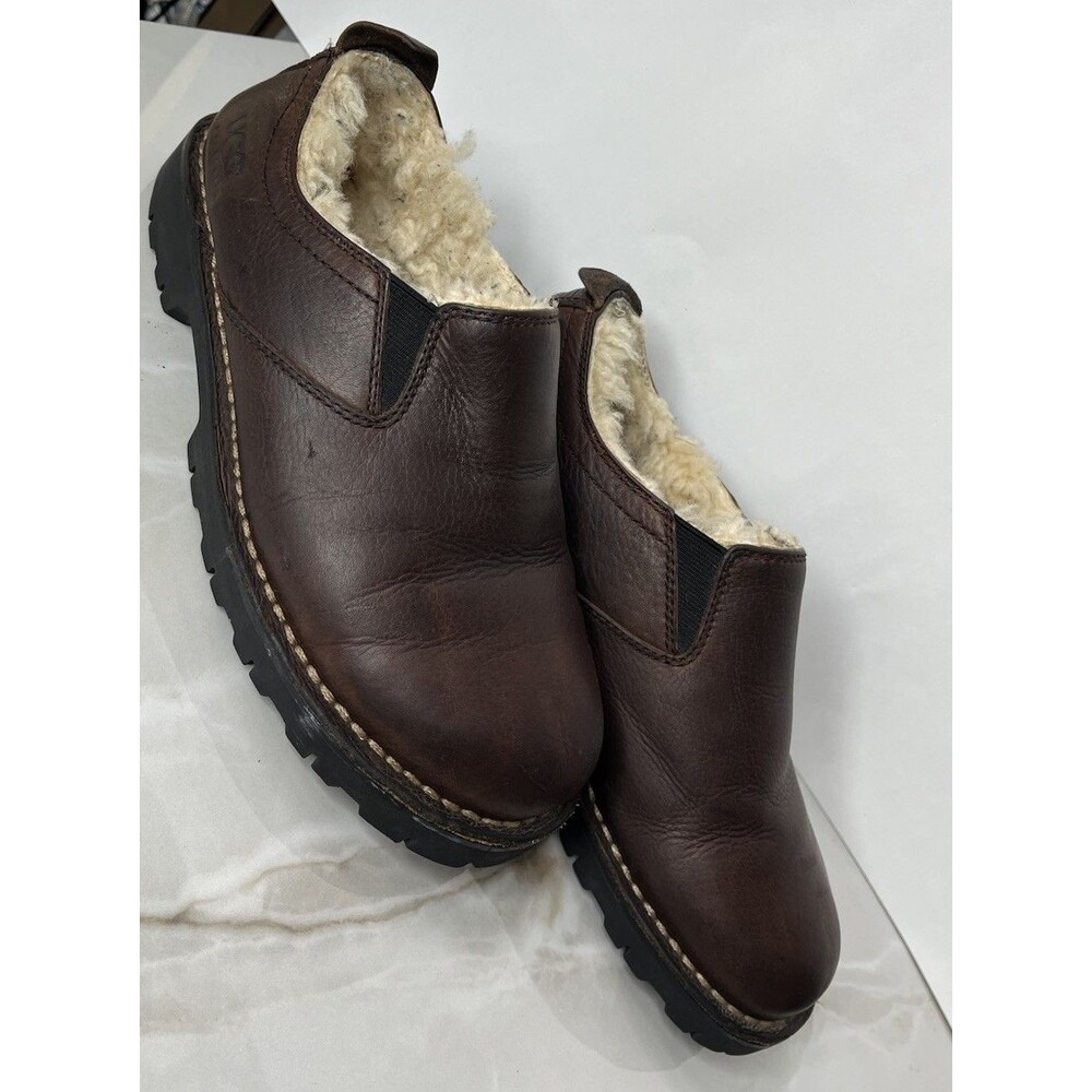 UGG Brown Leather Slip On Winter Shoes Men Sz 8 Fur Wool Shearling Lined 5141